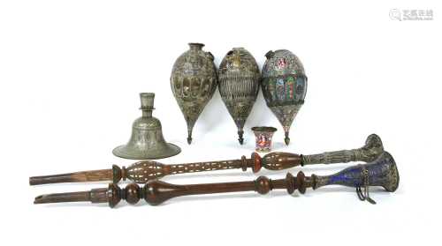 Two Persian silver and enamelled narghile water pipes,