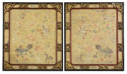 A pair of Chinese embroidered panels,