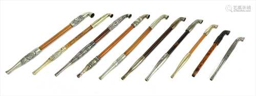 A collection of ten Japanese kiseru tobacco pipes,