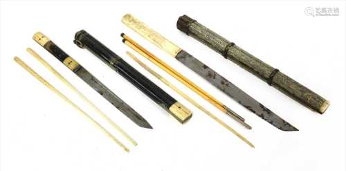 Two Japanese shagreen ivory and brass-mounted chopstick cases,