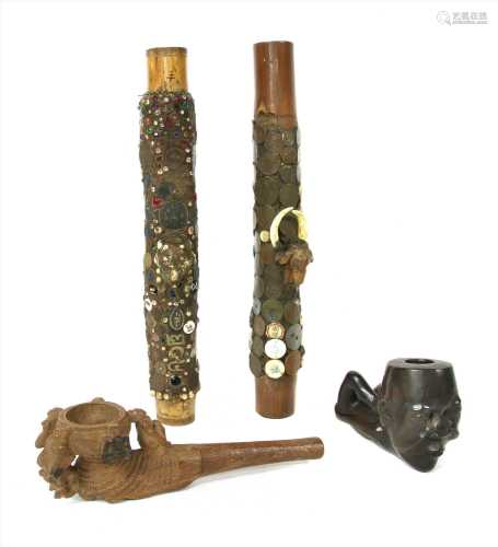 Two Thai bamboo and coin-mounted pipes,