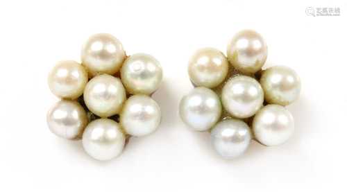 A pair of gold cultured pearl cluster earrings,