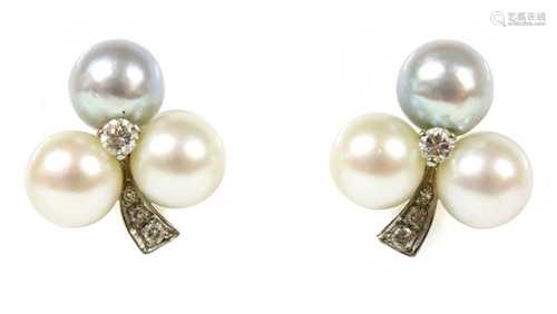 A pair of white gold cultured pearl and diamond earrings,