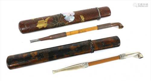 Two Japanese kiseruzutsu (pipecase) with kiseru,