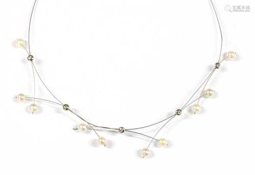 A white gold cultured pearl and diamond necklace,