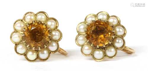 A pair of 9ct gold citrine and split pearl cluster earrings,