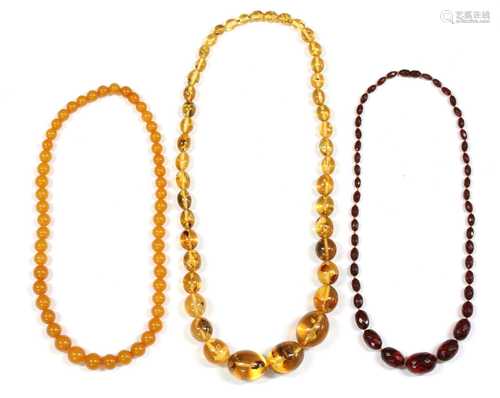 Three single row graduated bead necklaces,