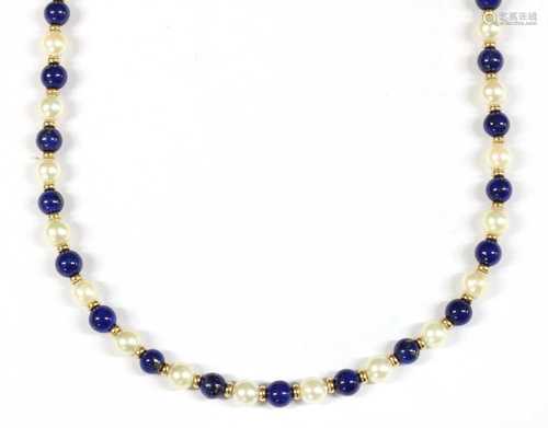 A 9ct gold cultured pearl and lapis lazuli bead necklace,