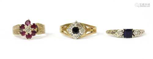 A 9ct gold sapphire and diamond cluster ring,