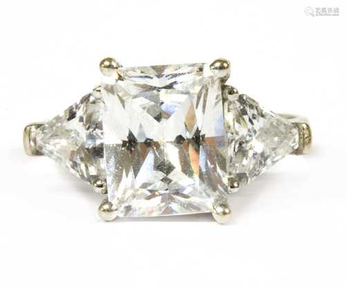 A white gold three stone cubic zirconia ring,