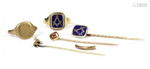 A Masonic 9ct gold enamel swivel head signet ring,