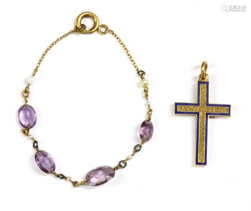 A gold enamel Latin cross pendant,