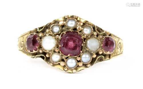 A Victorian 15ct gold garnet and split pearl cluster ring,