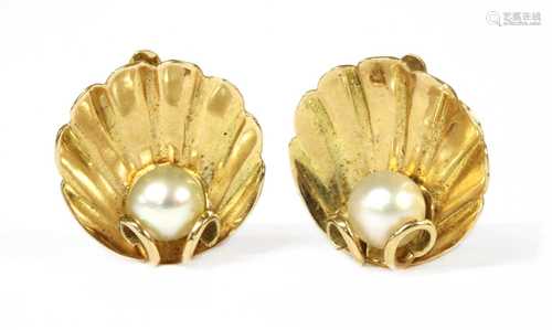 A pair of gold pearl set clam shell form clip earrings,