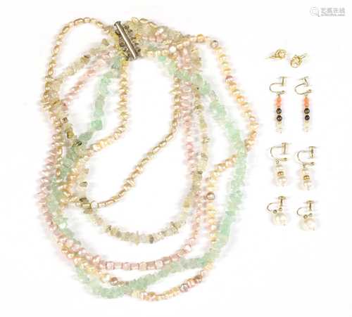 A five row dyed freshwater cultured pearl, quartz and green fluorite bead necklace,