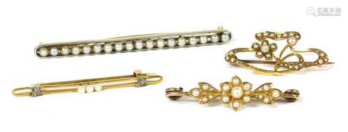 A platinum and gold pearl bar brooch,