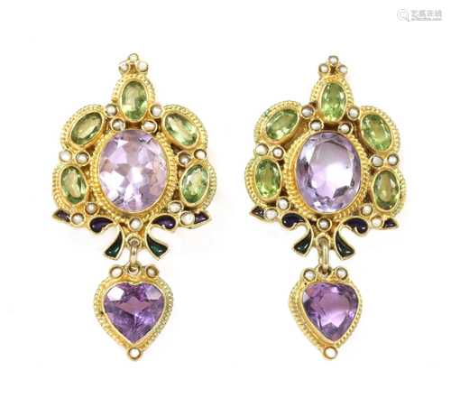 A pair of Italian gilt metal amethyst, peridot, split pearl and enamel earrings, by Percossi Papi,