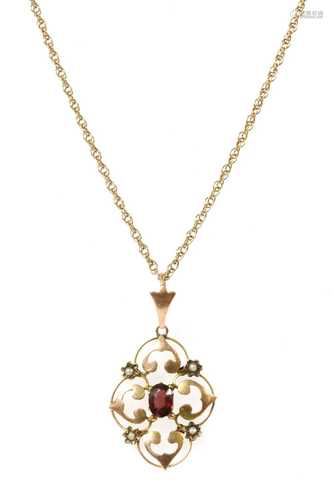 An Edwardian gold garnet and split pearl pendant,