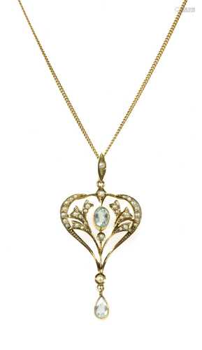 An Edwardian gold aquamarine and split pearl pendant,