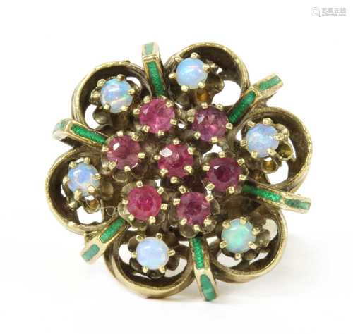 A gold opal, ruby and enamel cluster ring,