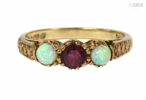 A 9ct gold ruby and opal three stone ring,