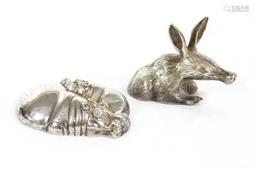 A contemporary sterling silver sculpture of a hippopotamus and calf, by Patrick Mavros,