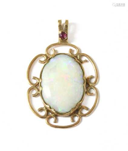 A 9ct gold opal and ruby pendant,