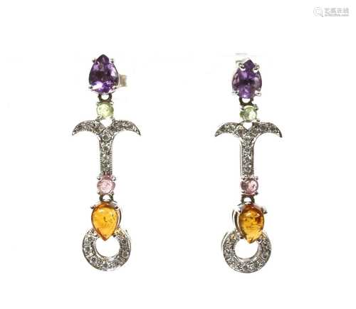 A pair of white gold diamond and assorted gemstone drop earrings,