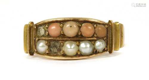 A Victorian 15ct gold coral and split pearl ring,