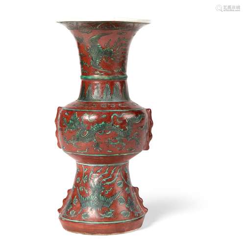 RED-ENAMELLED GREEN-DECORATED 'GU' VASE JIAJING MARK BUT QING DYNASTY, 19TH CENTURY