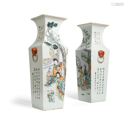 PAIR OF FAMILLE ROSE SQUARE-SECTIONED VASES TONGZHI MARK BUT EARLY GUANGXU PERIOD