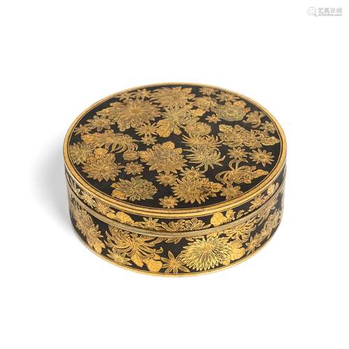 FINE JAPANESE KOMAI INLAID IRON CIRCULAR BOX AND COVER MEIJI PERIOD