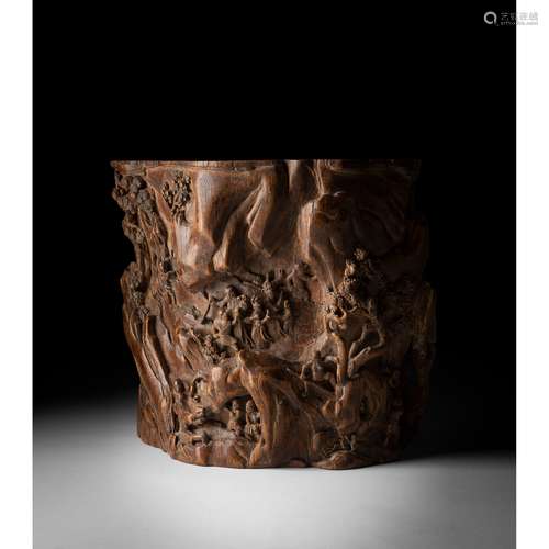 RARE LARGE CARVED AGARWOOD BRUSH POT QING DYNASTY, 18TH CENTURY