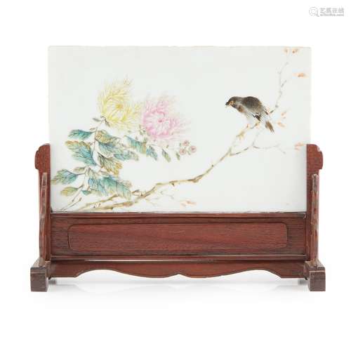 FAMILLE ROSE 'FLOWERS AND BIRD' PORCELAIN PLAQUE LATE QING DYNASTY-REPUBLIC PERIOD, 19TH-20TH