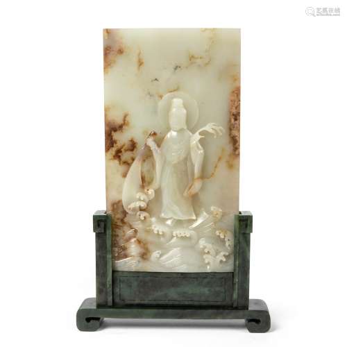 PALE CELADON JADE CARVING OF GUANYIN TABLE SCREEN QING DYNASTY, 18TH-19TH CENTURY