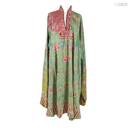 SILK EMBROIDERED GREEN-GROUND LADY'S LONG ROBE 20TH CENTURY