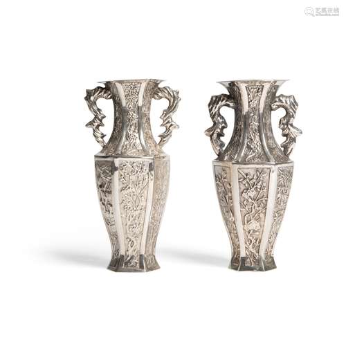 PAIR OF EXPORT SILVER BALUSTER VASES QING DYNASTY, LUEN WO, SHANGHAI, C.1880-90