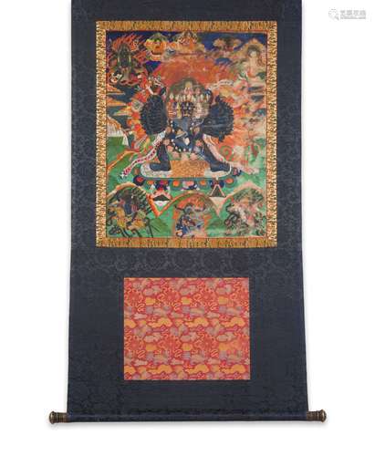 THANGKA DEPICTING YAMANTAKA AND CONSORT VAJRAVETALI QING DYNASTY, 19TH CENTURY