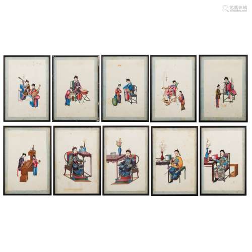 GROUP OF TEN CANTON SCHOOL PITH PAINTINGS OF FIGURES QING DYNASTY, 19TH CENTURY