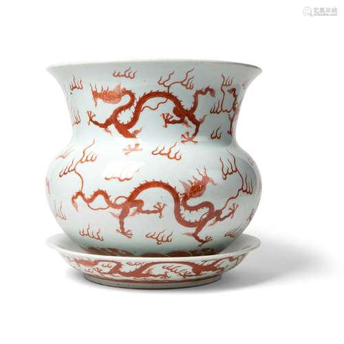 IRON-RED DECORATED 'DRAGON' JARDINIÈRE WITH PLATE QING DYNASTY,18TH CENTURY