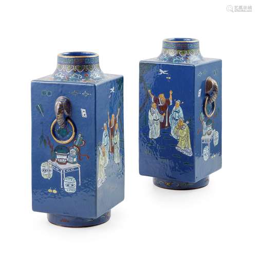 PAIR OF BLUE-GROUND FAMILLE ROSE SQUARE-SECTION VASES QIANLONG MARK BUT GUANGXU PERIOD