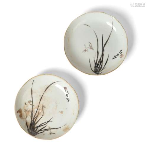 TWO INK PAINTED DISHES 20TH CENTURY