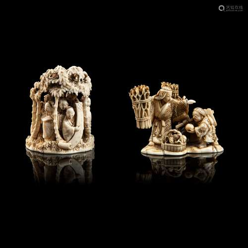 Y TWO IVORY OKIMONO MEIJI PERIOD