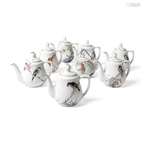 GROUP OF EIGHT QIANJIANG-ENAMELLED LIDDED TEAPOTS 20TH CENTURY