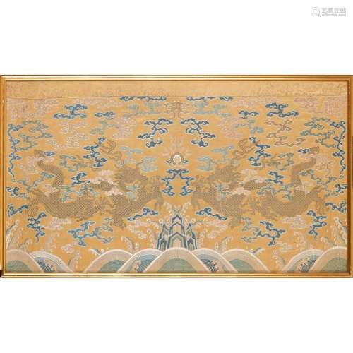 RARE IMPERIAL YELLOW-GROUND SILK BROCADE 'DRAGON' PANEL QING DYNASTY, QIANLONG PERIOD