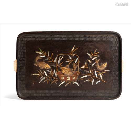 JAPANESE SHIBIYAMA-INLAID WOODEN 'FISH' WOODEN TRAY MEIJI PERIOD