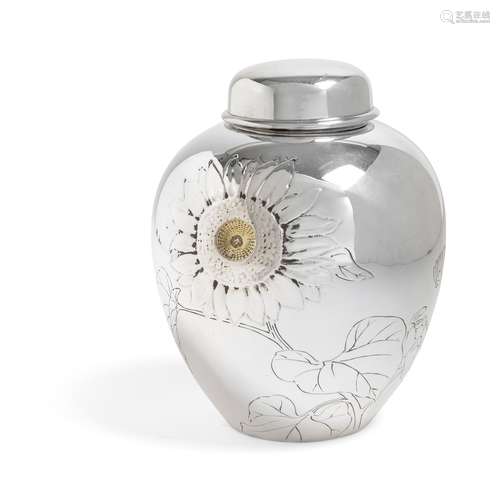 JAPANESE SILVER 'SUNFLOWER' TEA CADDY