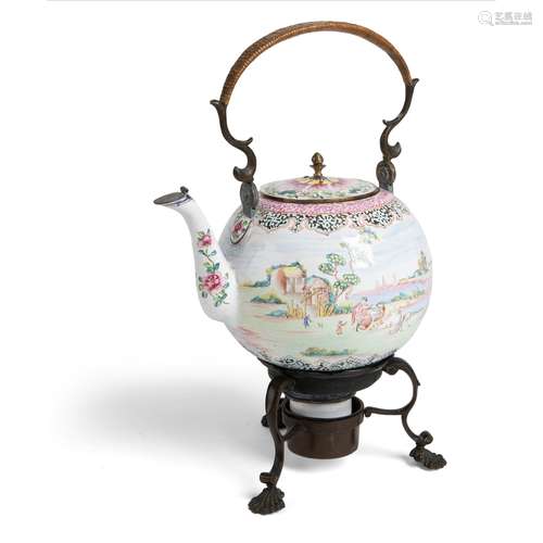 CANTON ENAMEL BULLET TEA KETTLE WITH BURNER QIANLONG PERIOD