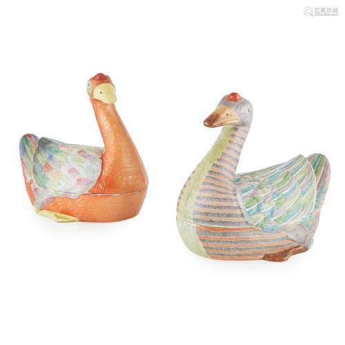 TWO FAMILLE ROSE GOOSE TUREENS AND COVERS, 20TH CENTURY