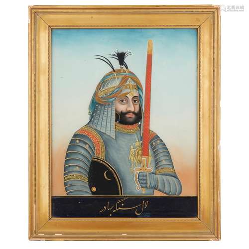 INDIAN REVERSE GLASS PAINTING DEPICTING A WARRIOR 19TH CENTURY